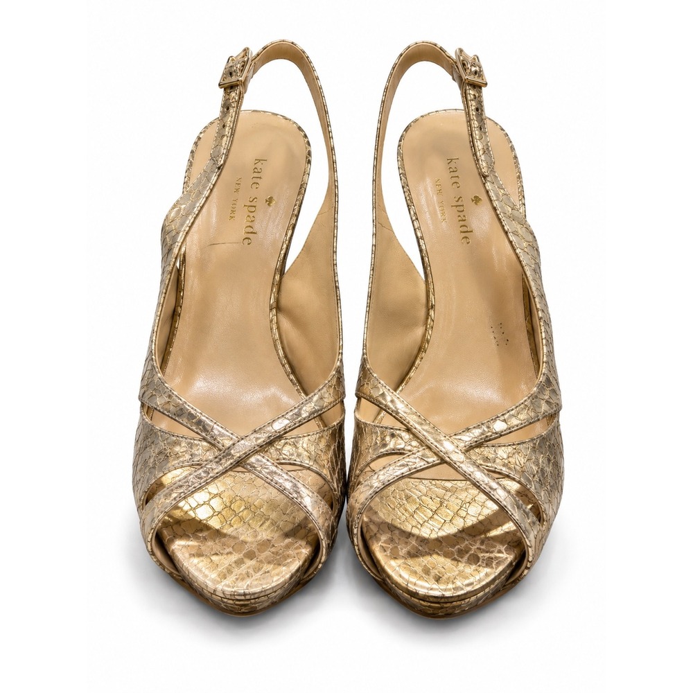Y2K Kate Spade Slingback Heels Women 9 Gold Snakeskin Embossed Platform Stiletto
